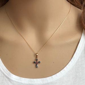 14K Solid Gold Mini Sapphire Cross Dainty Necklace